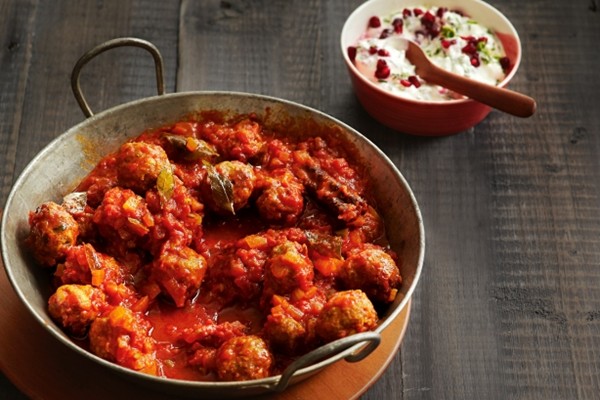 Lamb meatball curry with pomegranate raita