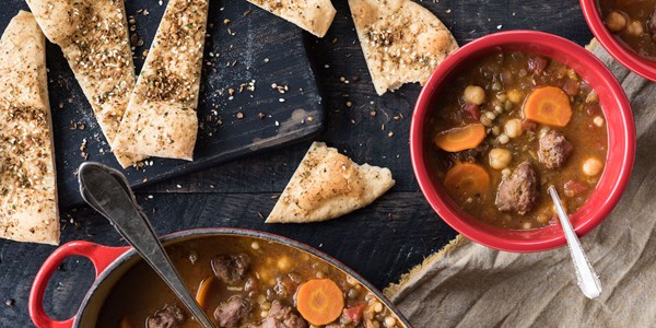 Lamb meatball, garbanzo bean, lentil, and tomato soup