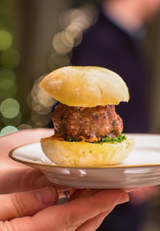 Lamb meatball sliders with chimichurri and crispy shallots