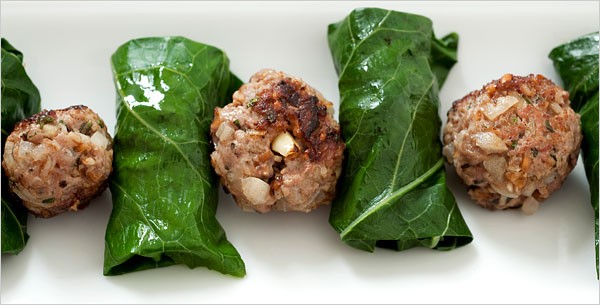 Lamb meatballs and collard dolmades