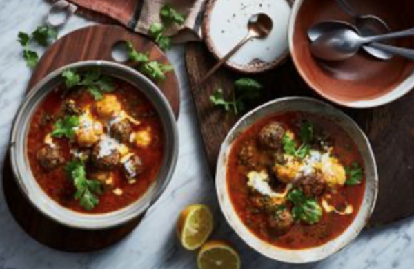 Lamb meatballs and semolina dumpling soup with greens