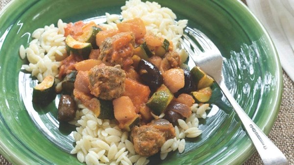 Lamb meatballs panfried with zucchini, capsicums and pumpkin