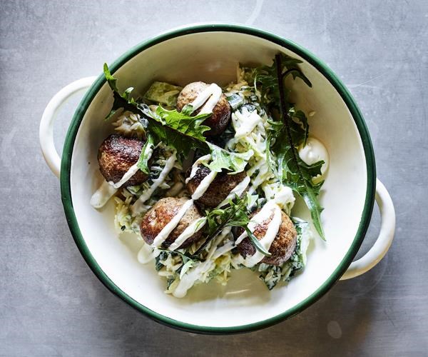 Lamb meatballs, risoni, yoghurt and cucumber
