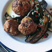 Lamb meatballs with aubergine wedges and tahini sauce