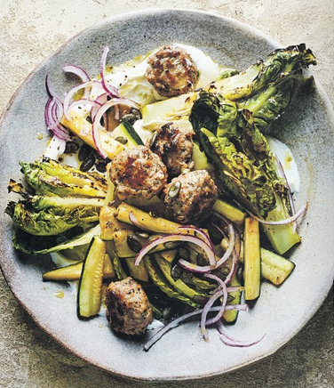 Lamb meatballs with minty green veg
