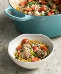Lamb meatballs with orzo, tomatoes, and feta