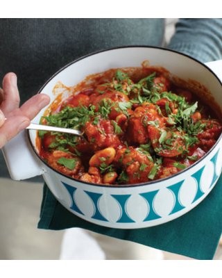Lamb meatballs with tomato, butter beans and bacon