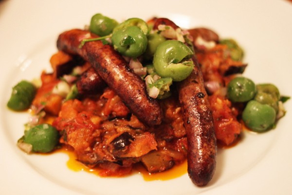 Lamb merguez with eggplant jam and green olives