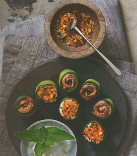 Lamb, mint and cucumber rolls with hazelnut dukkah and yoghurt