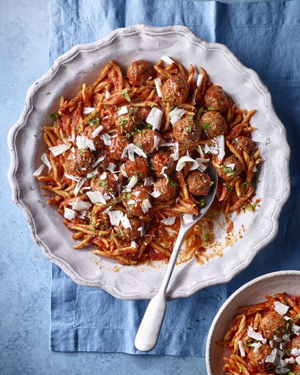 Lamb, mint and harissa meatballs with trofie and frozen feta 
