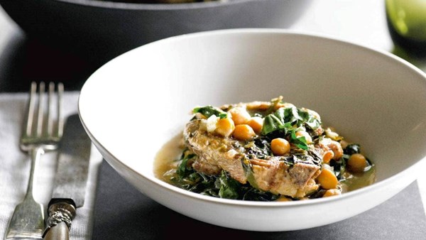 Lamb neck chops with chickpeas and silverbeet