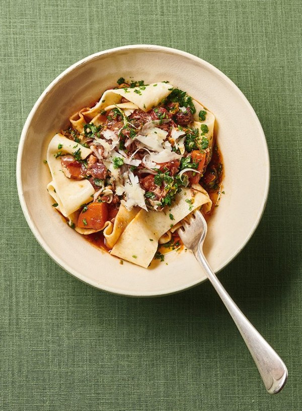 Lamb neck osso bucco, pappardelle, almond & mint gremolata