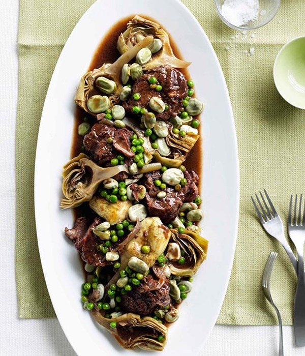Lamb neck with artichokes, broad beans and peas