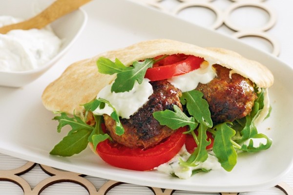 Lamb patties with pita bread and tzatziki