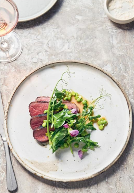 Lamb, peas, shoots, chamomile