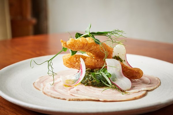 Lamb prosciutto with anchovy fritters and salsa verde