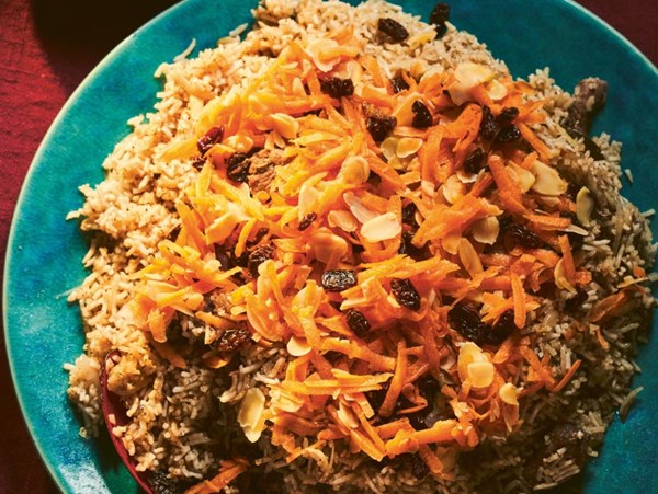 Lamb pulao with greens (Kabuli pulao with qorma-e-sabzi)