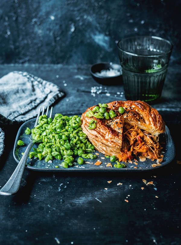 Lamb, pumpkin and rosemary pies with smashed peas