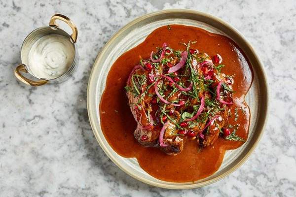 Lamb raan with goat's curd raita