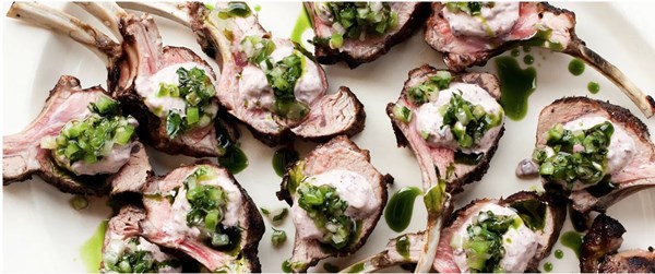 Lamb rack chops with black olive and anchovy mayo and salsa verde