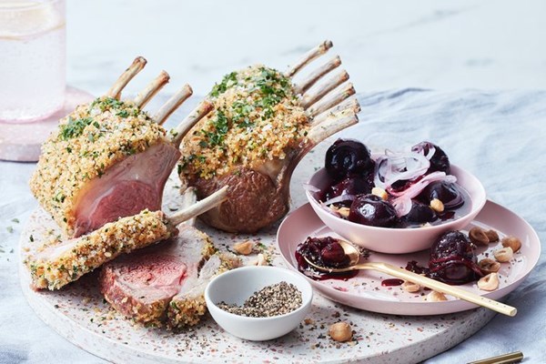 Lamb rack with parsley crust, sweet and sour cherries