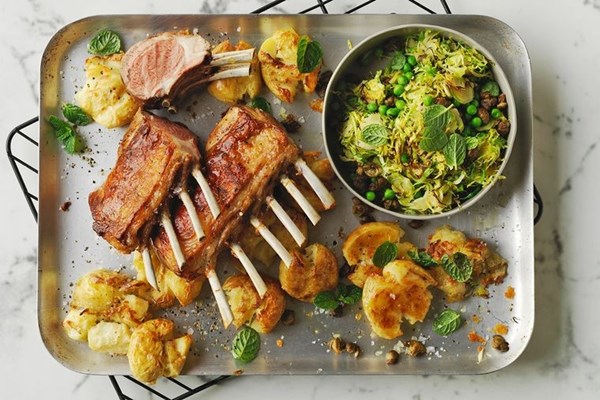 Lamb rack with sprout salad and crispy potatoes
