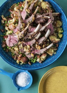 Lamb racks with mint and garlic crust, spuds, peas and pancetta