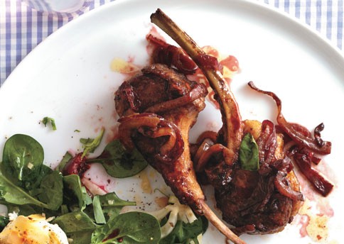 Lamb rib chops with quick cherry pan sauce