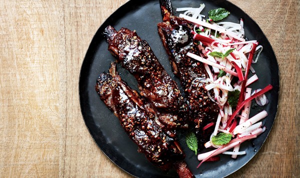 Lamb ribs with rhubarb and radish salad