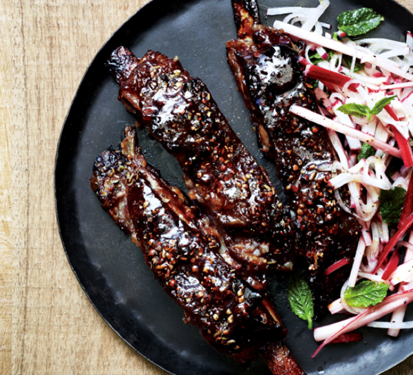 Lamb ribs with rhubarb and radish salad