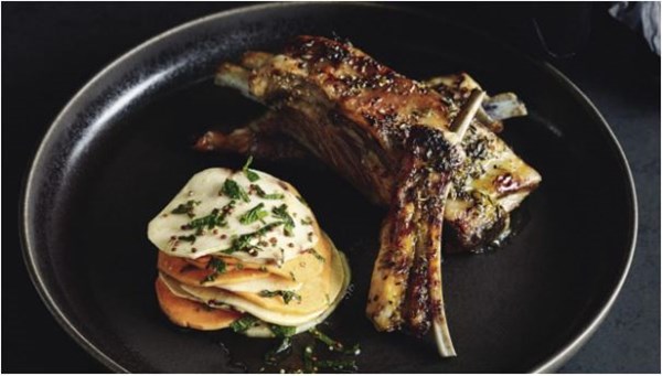 Lamb ribs with thousand slices kumara and swede