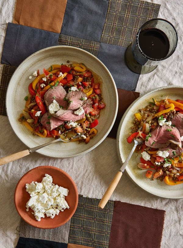 Lamb rump with capsicum, tomato & lentil salad