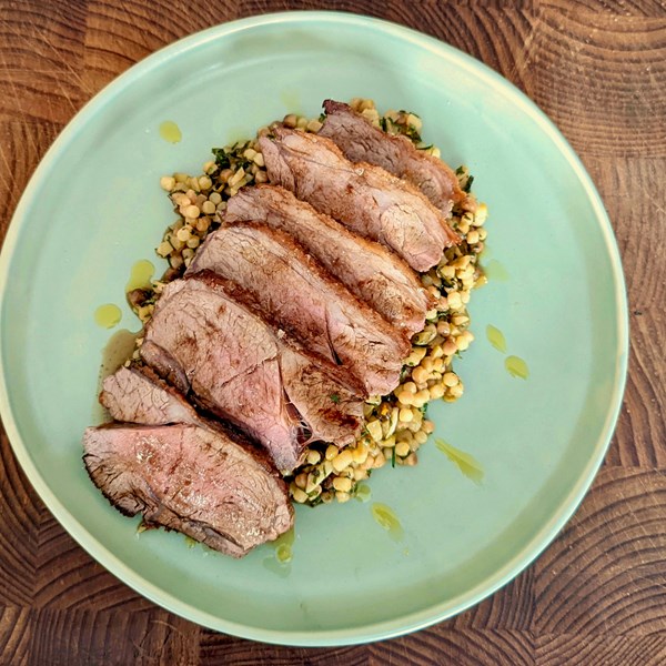 Lamb rump with fregola & olive salad (Sella di agnello con insalata di fregola e olive)