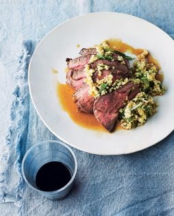 Lamb rump with fregola and olive salad (Sella di agnello, insalata di fregola e olive bosane)