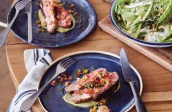 Lamb rump with green tahini and salsa Criolla [German Sanchez]