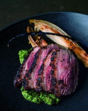 Lamb rump with vanilla-braised chicory and sorrel pesto