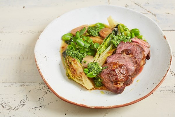  Lamb rump with watercress and roast garlic pesto, braised lettuce and broad beans