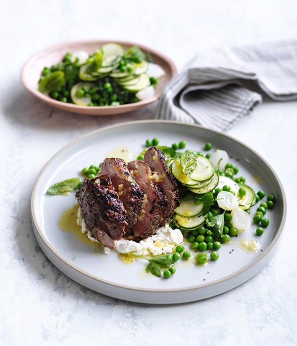Lamb rump with zucchini, peas and mint