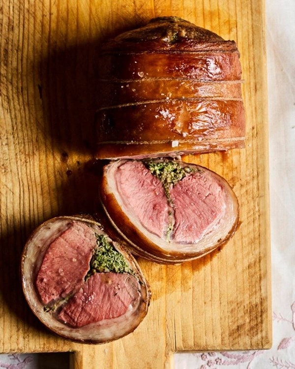 Lamb saddle stuffed with a herby chicken mousseline 