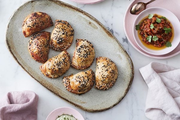 Lamb sambousek with capsicum & caper salsa [Roy Ner]
