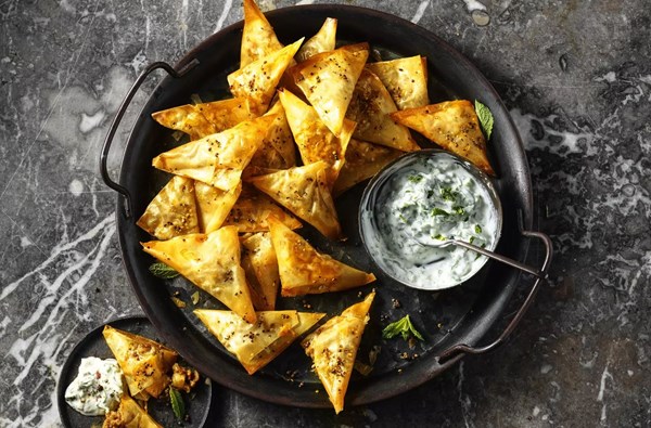 Lamb samosas with mint yogurt dip