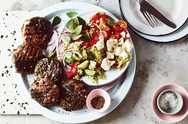 Lamb sausage rissoles with Greek risoni salad