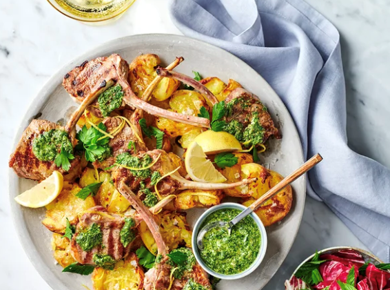 Lamb scottadito with mint salsa verde and roast crushed potatoes