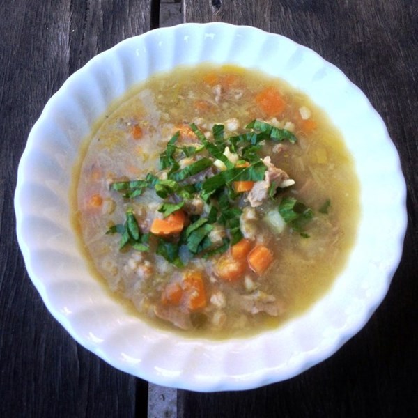Lamb shank and barley soup with vegetables