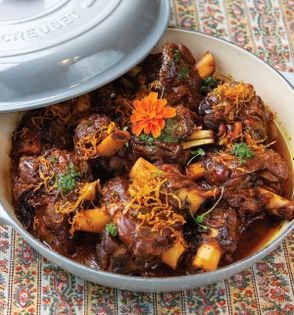Lamb shank braise in saffron + rose water (Mahichen-ye barreh)