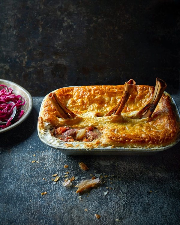 Lamb shank hot-pot pie with pickled red cabbage