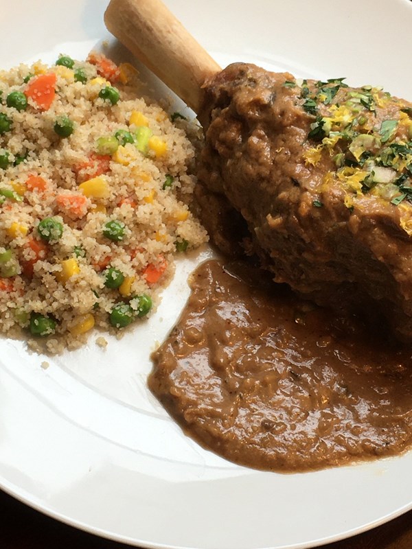 Lamb shank mafé with rof gremolata