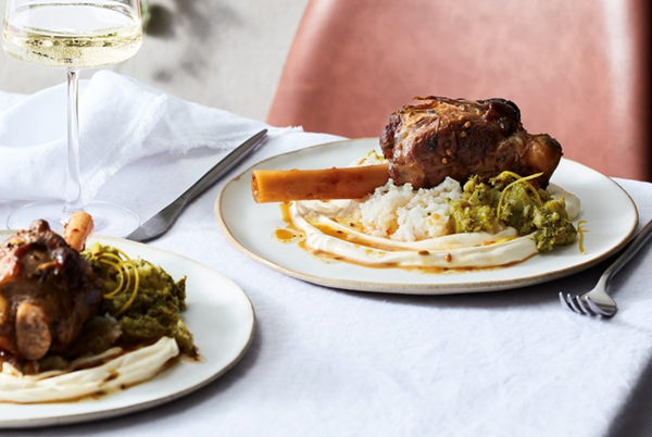 Lamb shank with spent milk labneh and broken rice