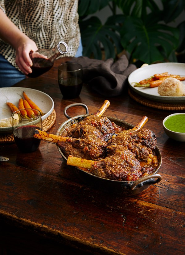 Lamb shanks, berber spice and chickpeas with herby zhoug