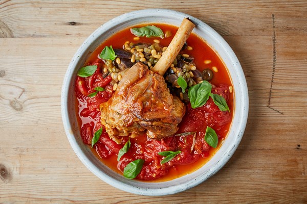 Lamb shanks braised with tomatoes and basil and aubergine caponata